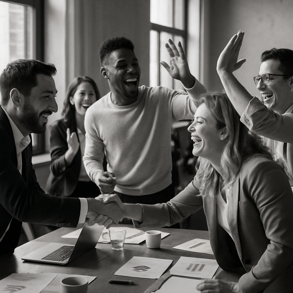 photographic A dynamic scene unfolds around a large conference table where a diverse marketing team bursts into jubilant celebration after successfull-1