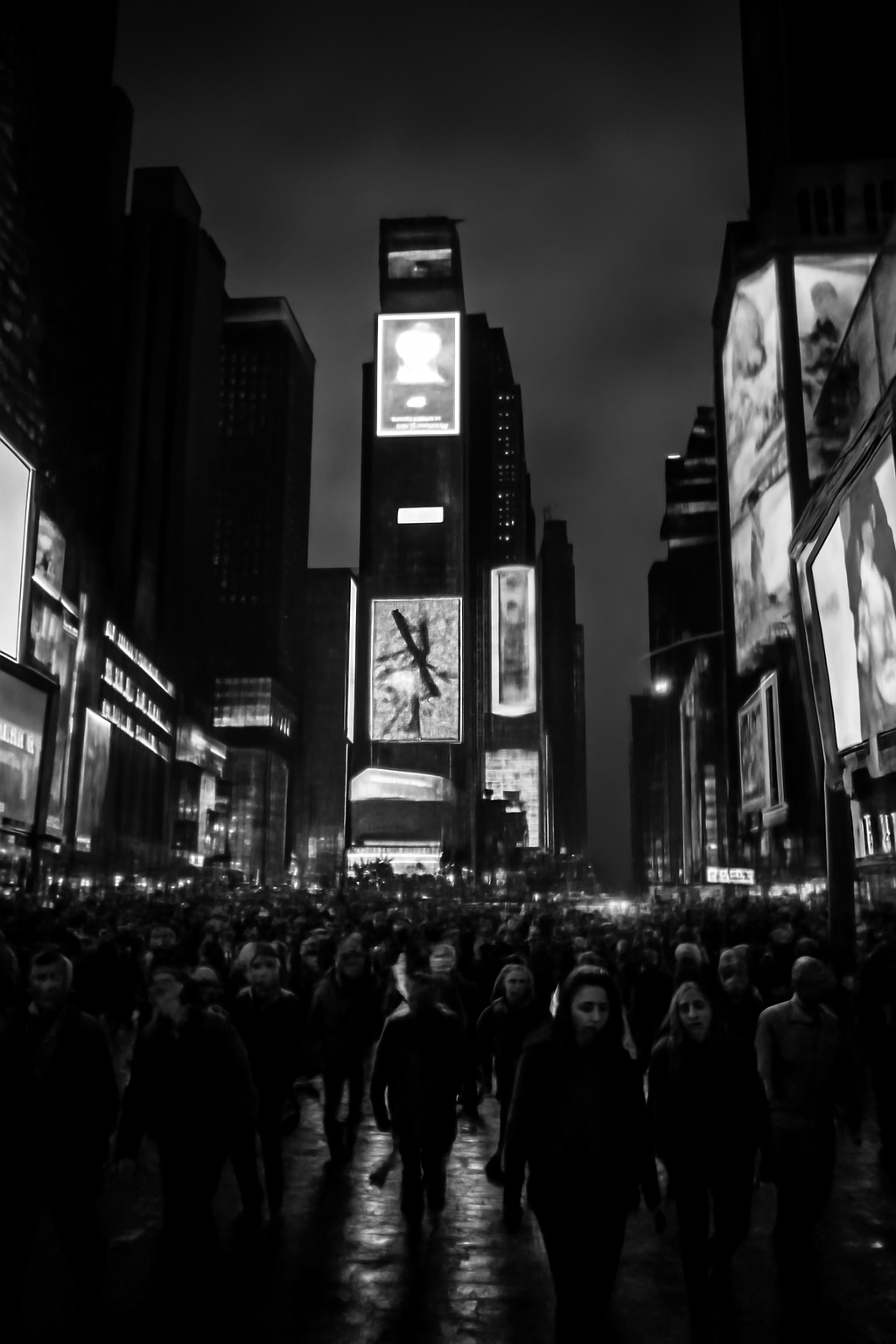 photographic Capture a bustling Times Square scene in striking black and white where towering skyscrapers loom over throngs of people The iconic billb-1