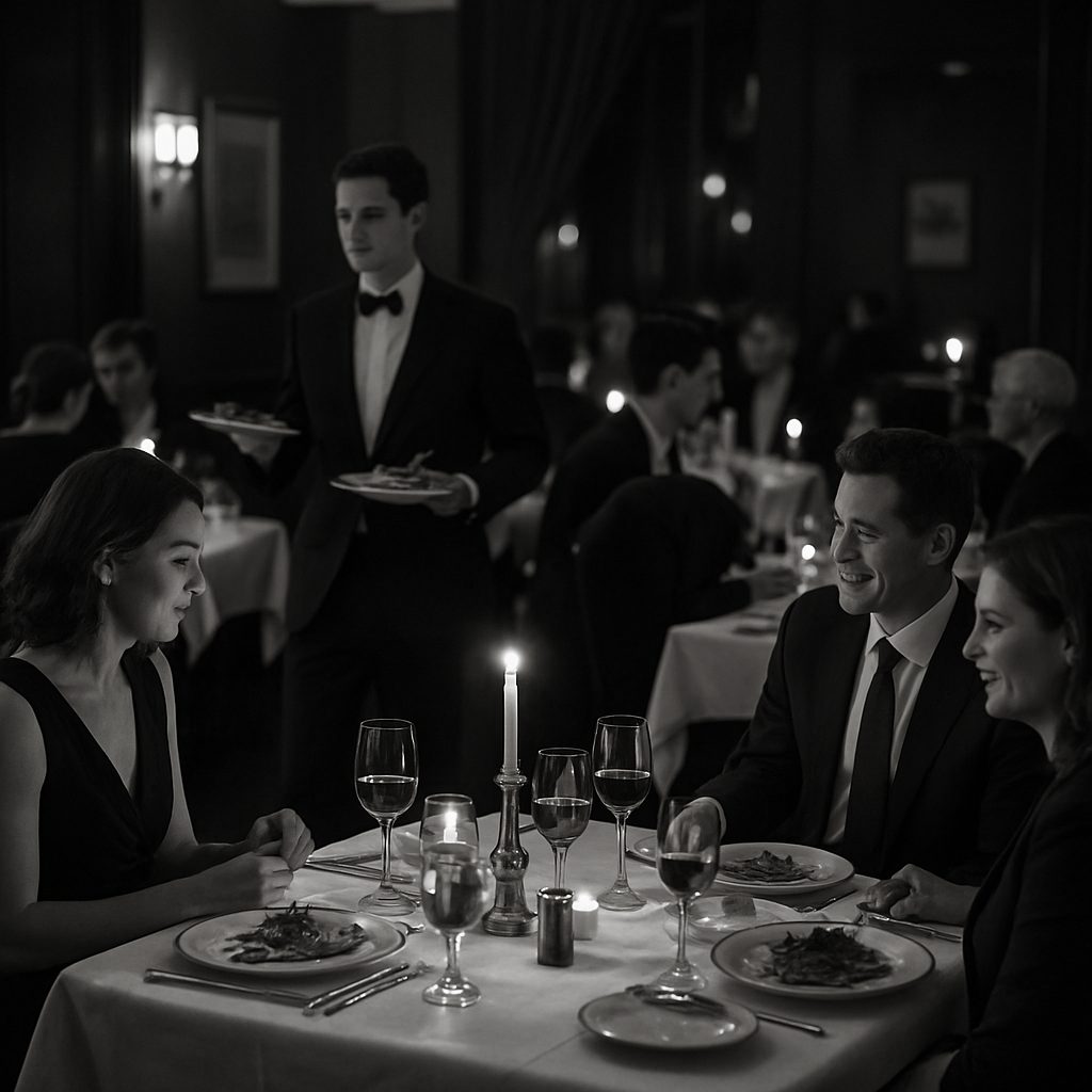 photographic Imagine a sophisticated restaurant captured in striking black and white where elegantly dressed patrons engage in intimate conversations-1